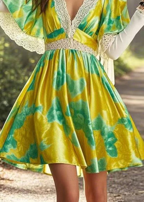 Yellow V Neck Print Lace Patchwork Silk Mid Dress Cloak Sleeves