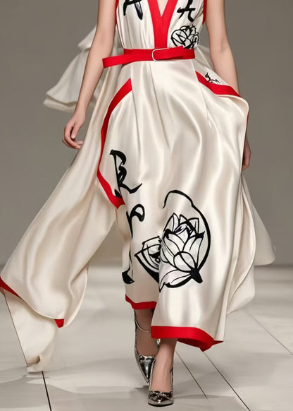 Milk White Asymmetrical Print Silk Holiday Dress Summer
