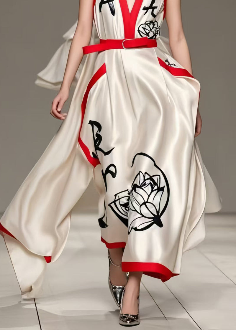 Milk White Asymmetrical Print Silk Holiday Dress Summer