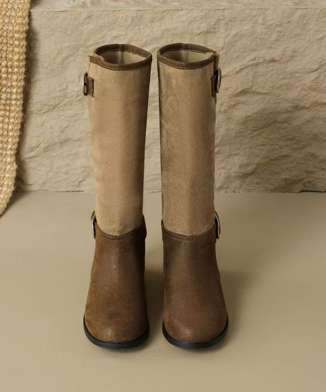 Buckle Splicing Chunky Boots Khaki Suede