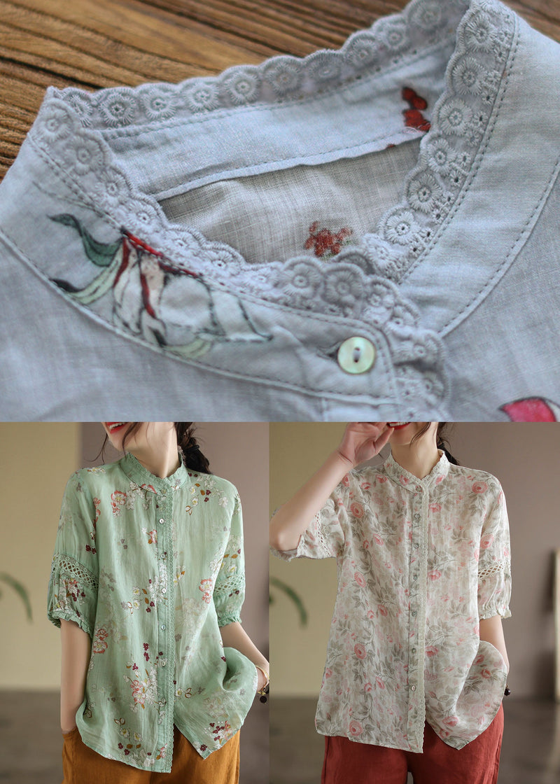 Boutique Grey Stand Collar Print Linen Shirt Tops Half Sleeve
