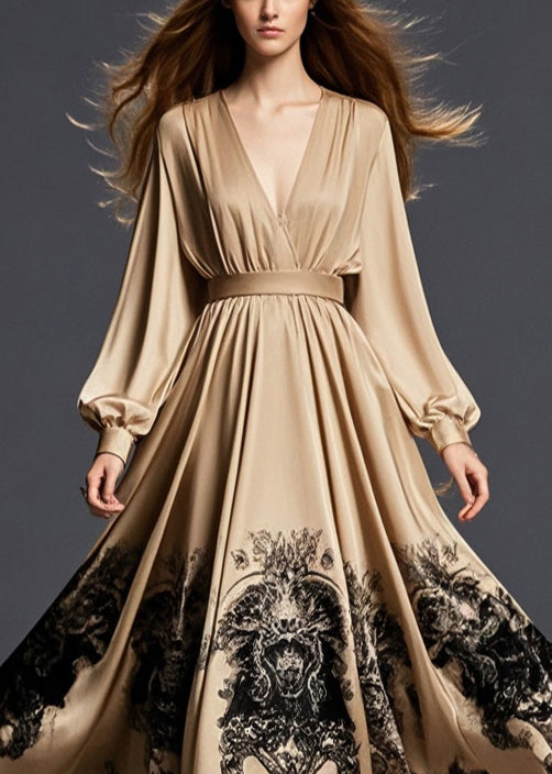 Brown Cinched Print Exra Large Hem Silk Long Dress Fall