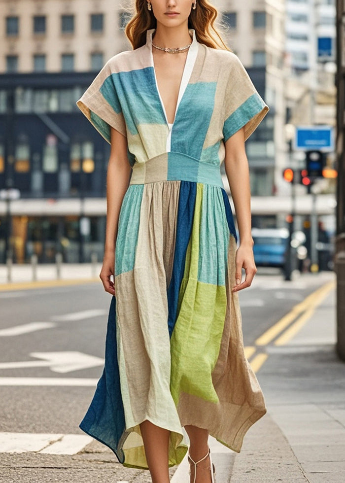 Khaki V Neck Print Cotton Robe Dresses Summer