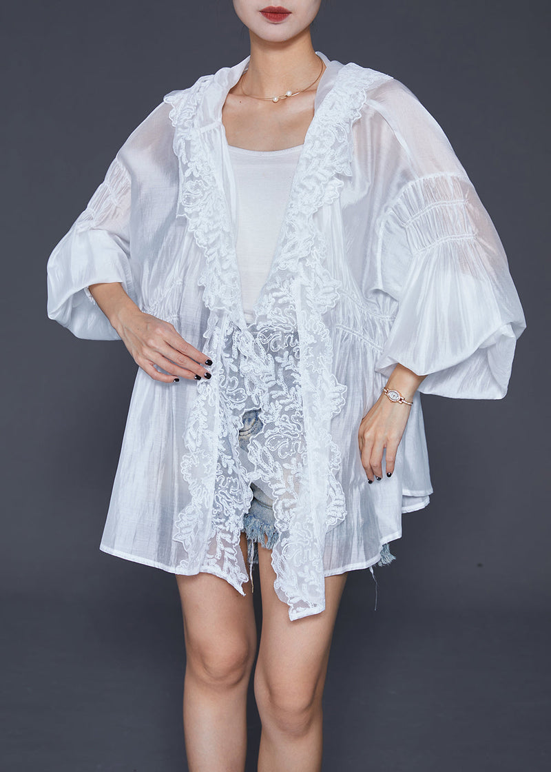 White Hooded Lace Patchwork Silk Cardigans Lantern Sleeve