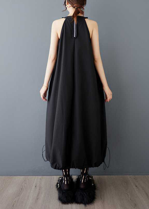 Black O Neck Wrinkled Drawstring Cotton Dress Sleeveless