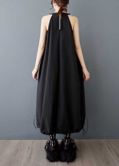 Black O Neck Wrinkled Drawstring Cotton Dress Sleeveless
