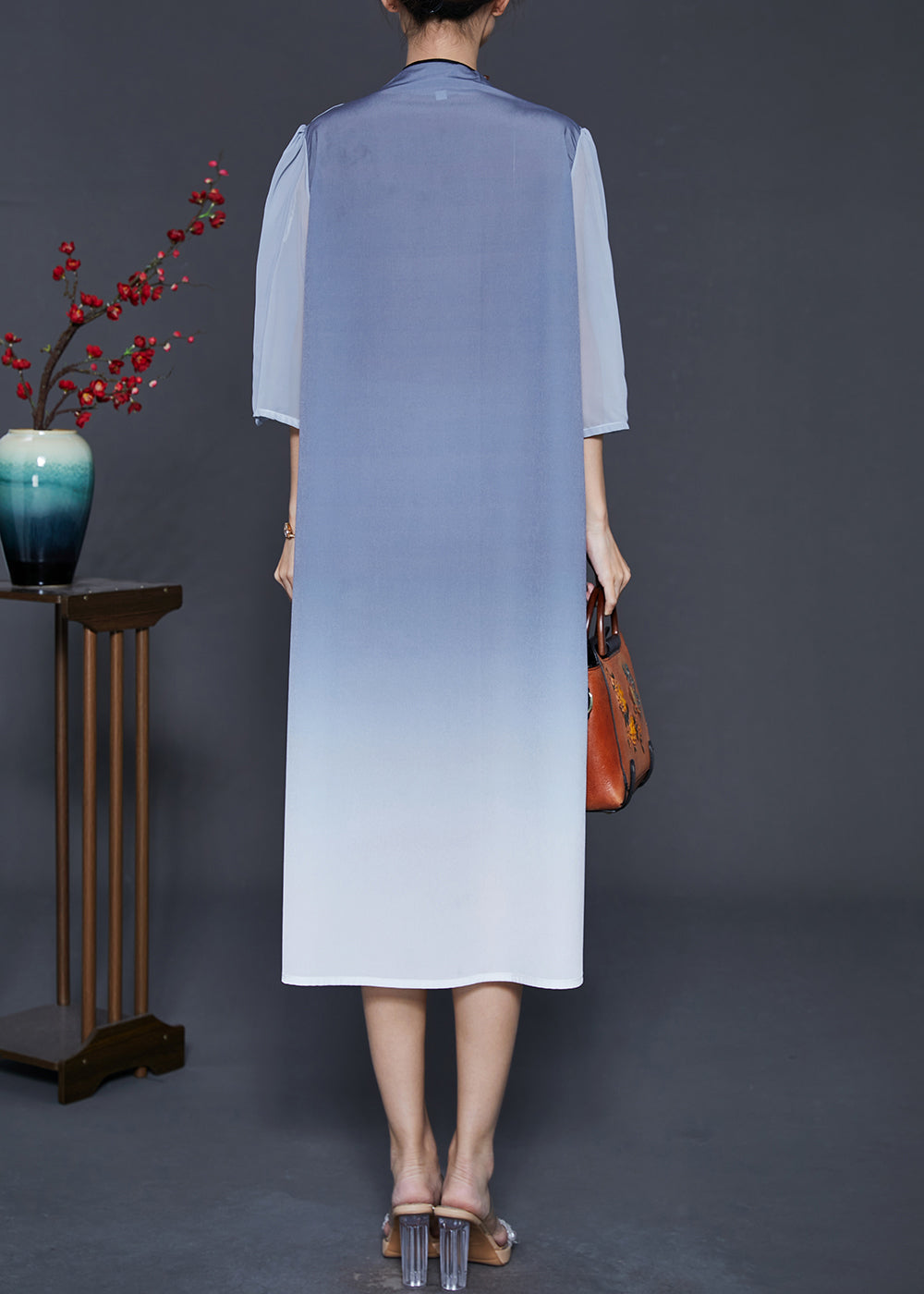 Blue Print Silk Fake Two Piece Dress Summer