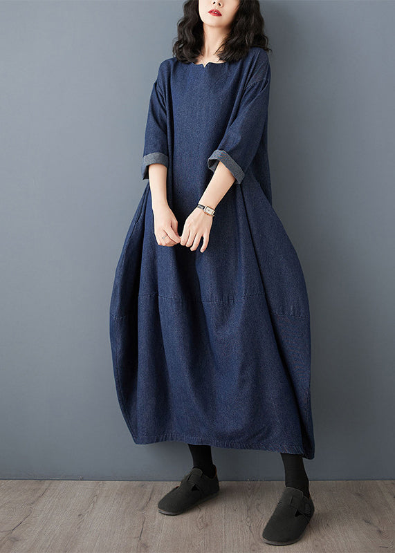 Blue O-neck Denim Maxi Dress Ruffled Sleeve