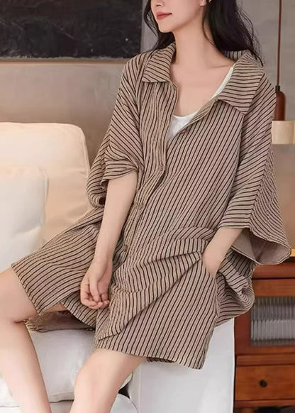 Khaki Peter Pan Collar Striped Shirt and Shorts Two Piece Set Summer