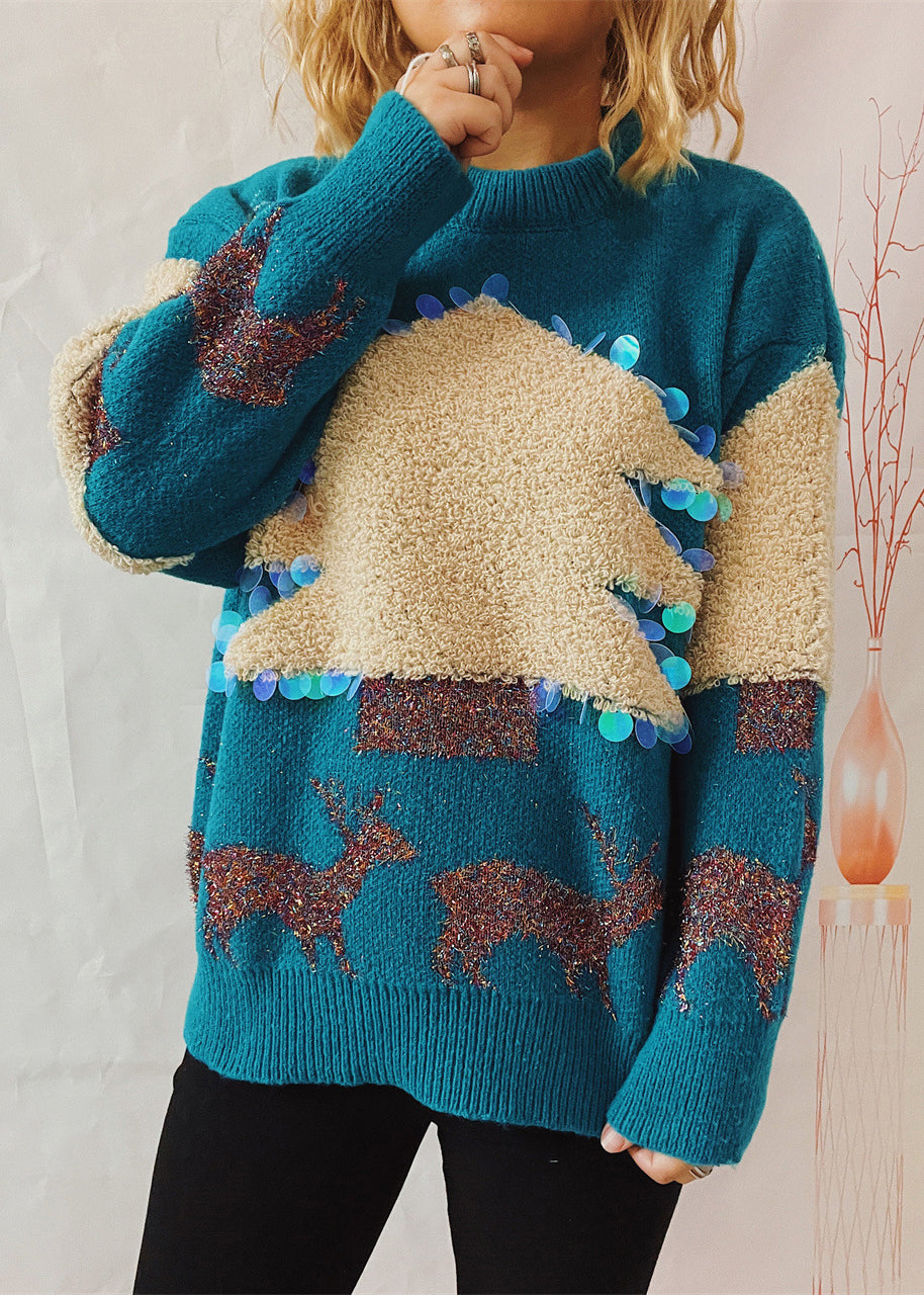 Fine Blue Jacquard Sequins Thick Knit Pullover Winter