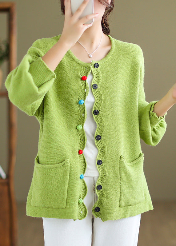 Green Button Pockets Knit Coat Long Sleeve