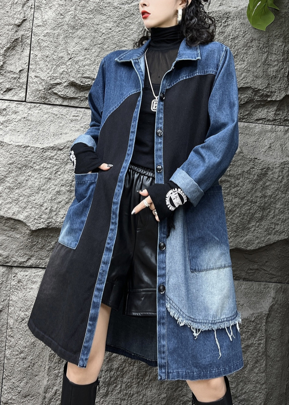 Blue Peter Pan Collar Button Pockets Denim Long Trench Coats Fall