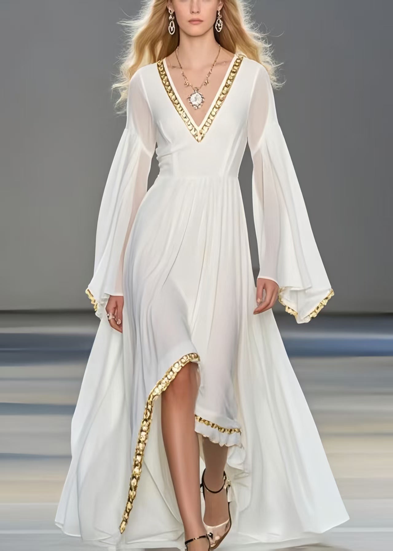White Exra Large Hem Chiffon Robe Dresses Flare Sleeve