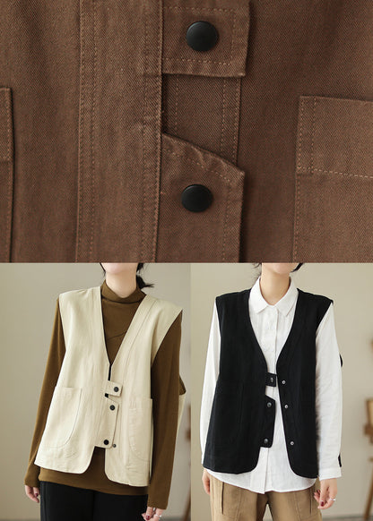 Brown V Neck Pockets Patchwork Cotton Vest Sleeveless