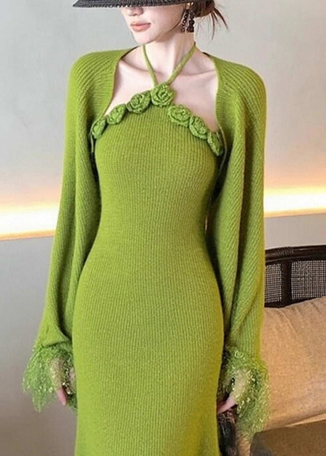 Green Patchwork Halter Cotton Knit Cardigans and Maxi Dress Two Pieces Set Flare Sleeve