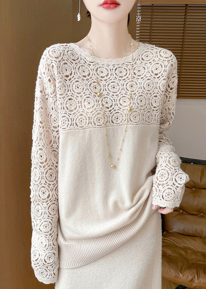 Beige Hollow Out Wool Knit Sweater Winter