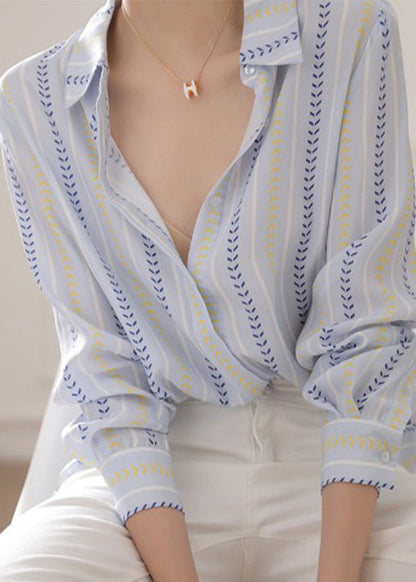 Blue Peter Pan Collar Striped Cotton Blouse Top Spring