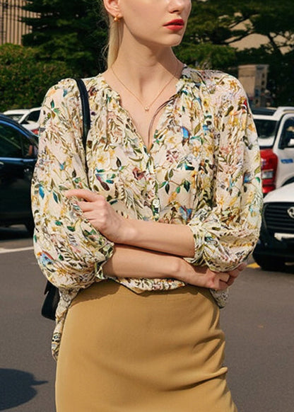 V Neck Print Shirts Lantern Sleeve