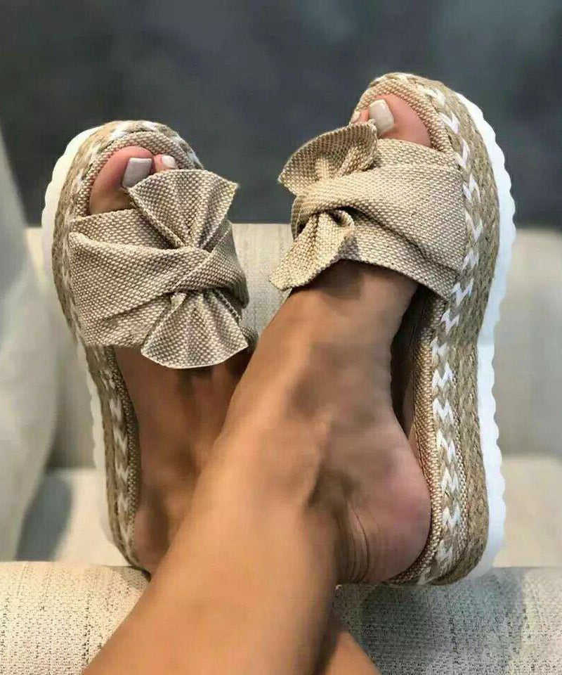 Bow Splicing Wedge Black Suede Slide Sandals
