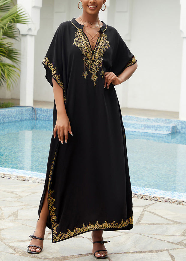 Loose Black Embroidered Cotton Robe Dresses Summer