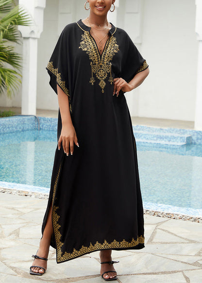 Loose Black Embroidered Cotton Robe Dresses Summer