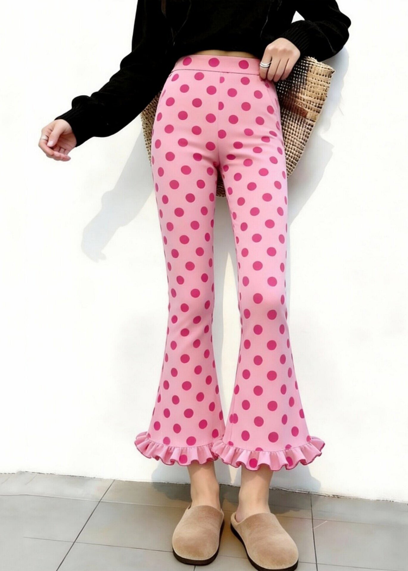 Organic Pink Ruffled Print Cotton Bell-bottom Trousers Summer