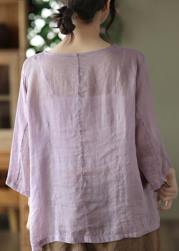 Purple O-neck Button Linen Shirt Long Sleeve