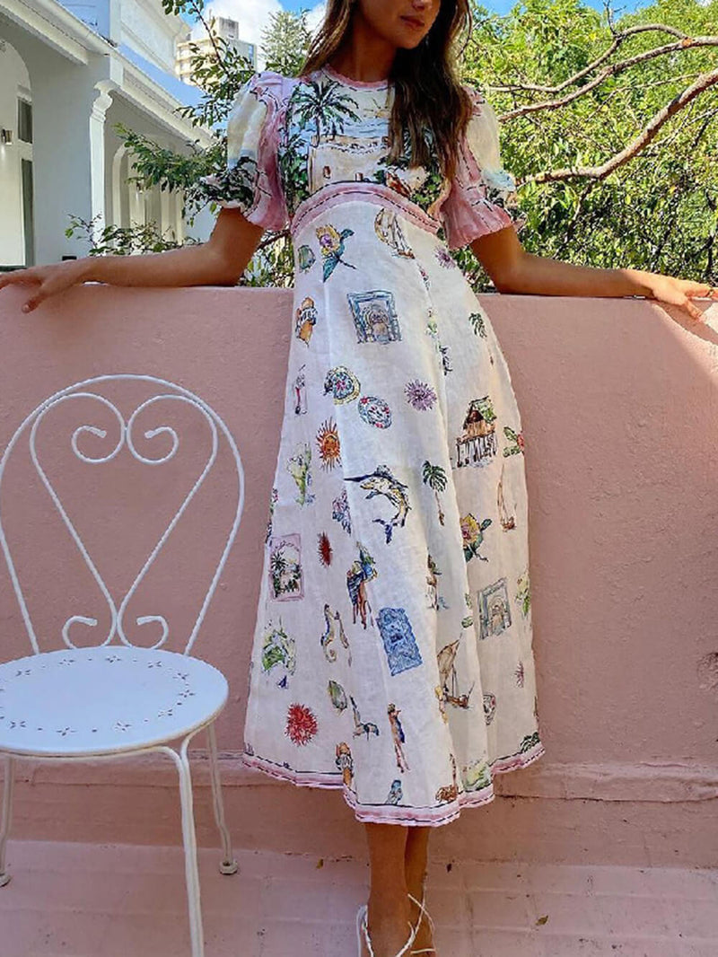 Feature Printed Style Round Neck Midi Dress