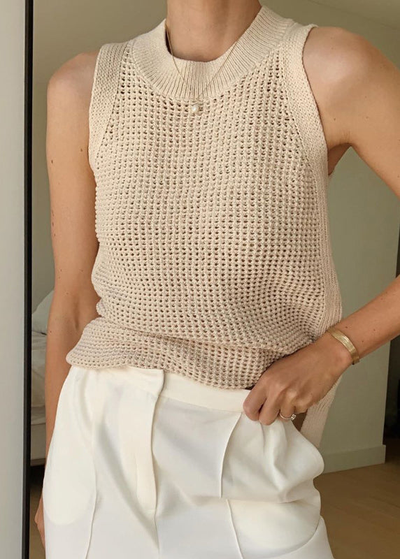 Style Beige O Neck Hollow Out Ice Silk Knit Tops Sleeveless