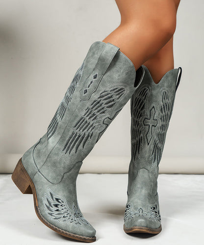 Chocolate Pointed Toe Embossed Chunky Faux Leather Boots