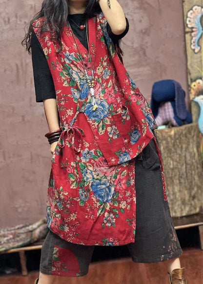 Red Asymmetrical Print Patchwork Cotton Waistcoat Sleeveless