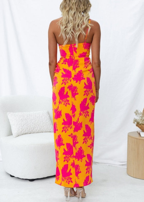 Slim Fit Orange One-shoulder Backless Print Cotton Maxi Dresses Summer