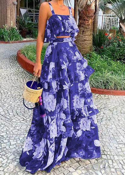 New Photo Color Print Tank and Skirts Two Pieces Set Sleeveless