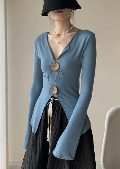 New Blue V Neck Knitting Cotton Tops Fall