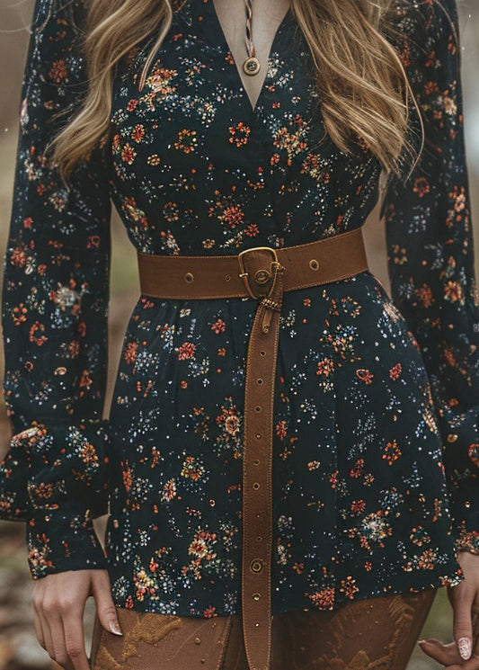 Pastoral Style V Neck Print Cotton Short Dress Spring