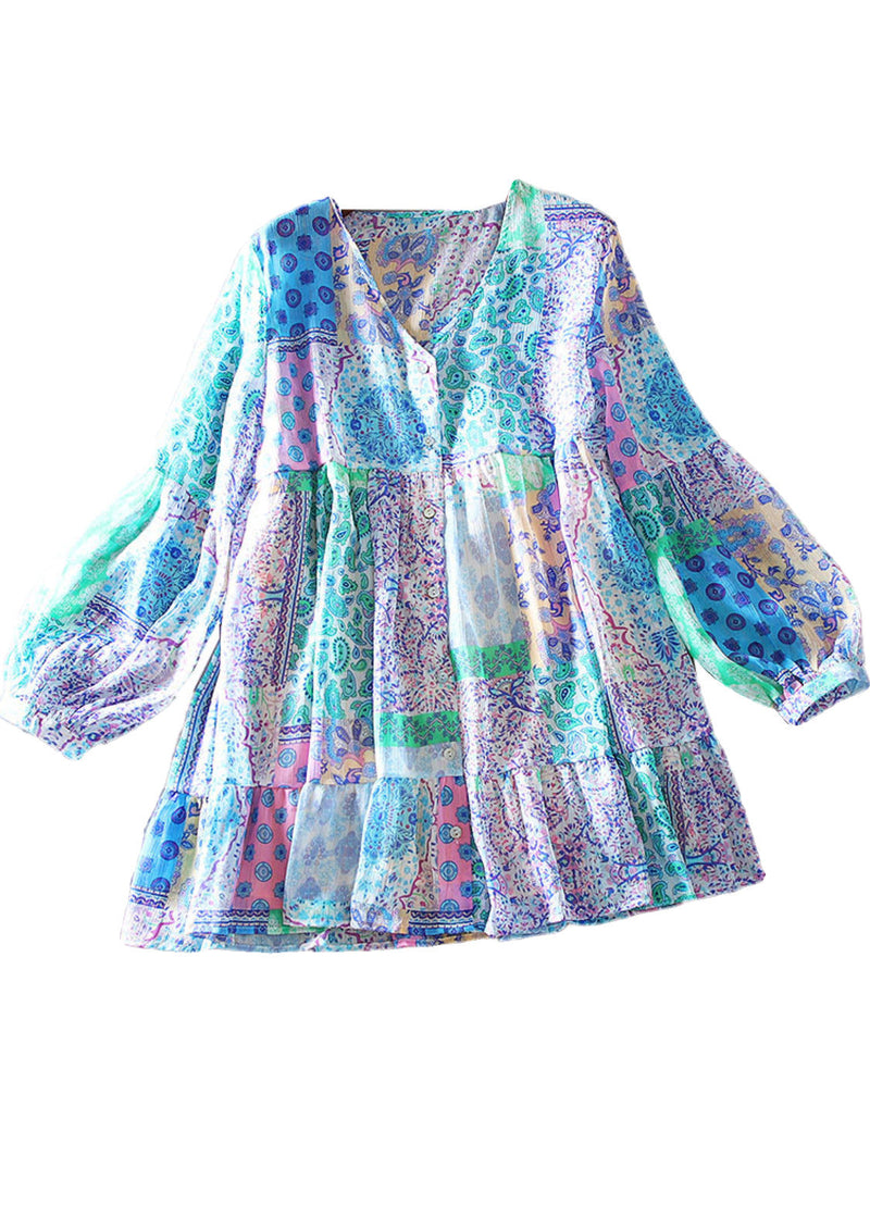 Blue Oversized Print Cotton Shirt Tops Spring