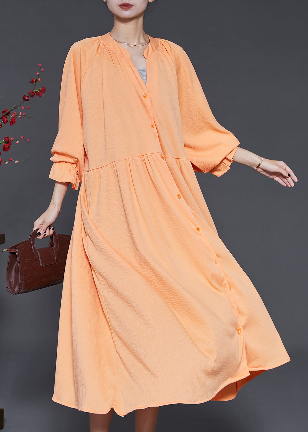 Orange Oversized Chiffon Holiday Dresses Lantern Sleeve