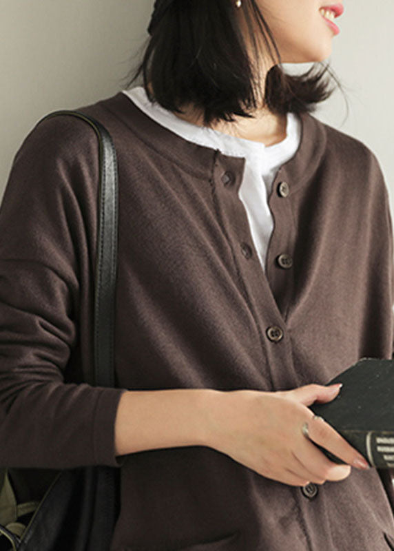 Italian Chocolate Loose Knit Button Pockets Low High Design Fall Sweater Cardigans
