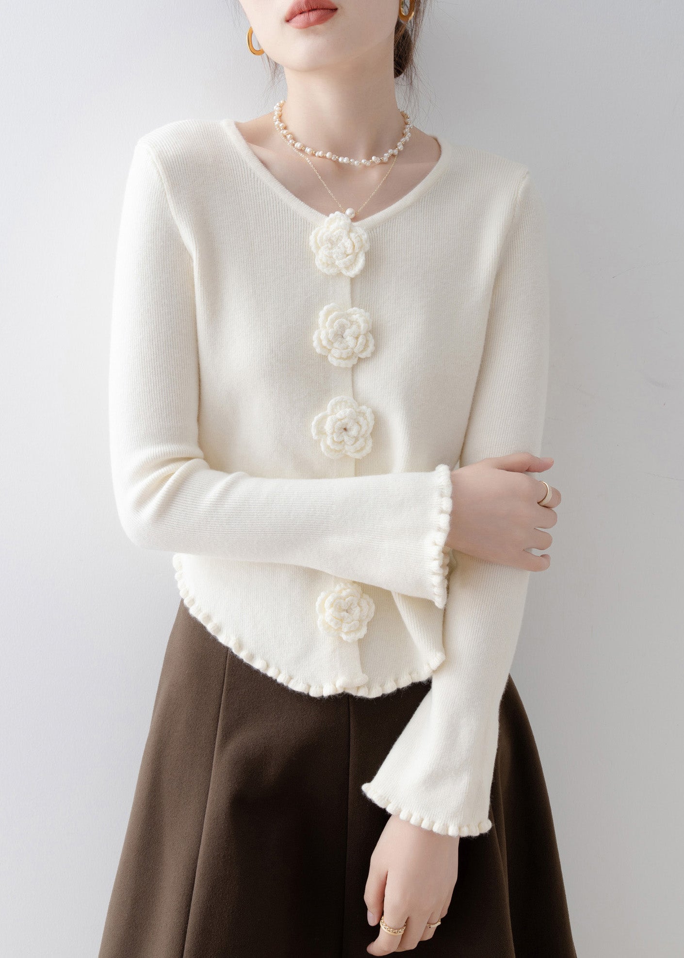 French Apricot Ruffled Knit Sweaters Flare Sleeve