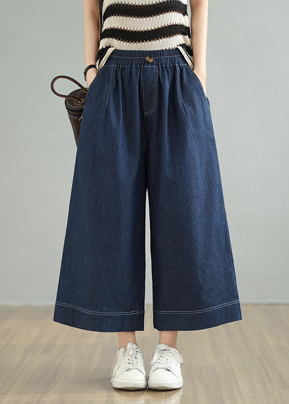Loose Blue Pockets Elastic Waist Denim Crop Pants Spring