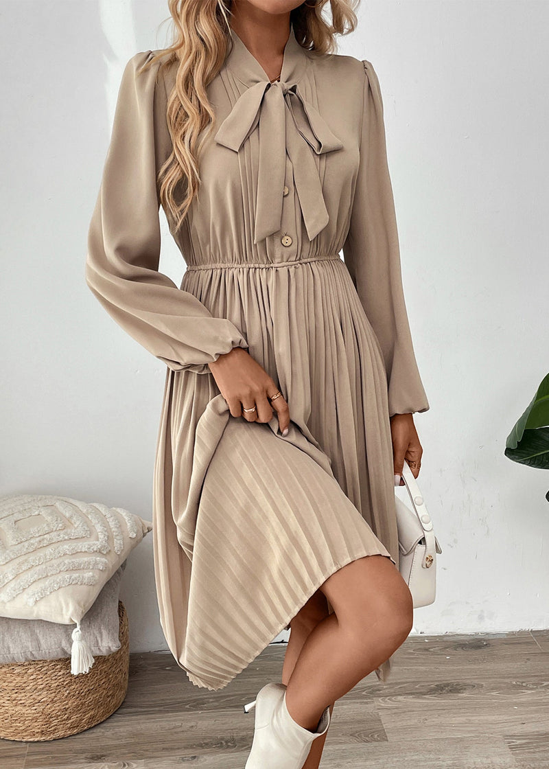 New Apricot Bow Long Sleeved Pleated Dress
