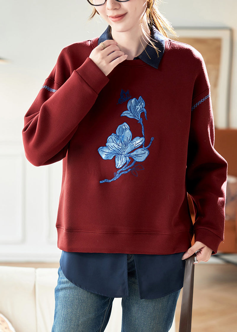 Red O-neck Embroidered Cotton Sweatshirt Spring