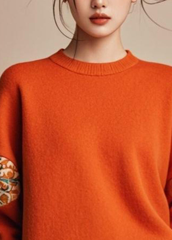 Fine Orange O-neck Cozy Cotton Fall Knit Sweater