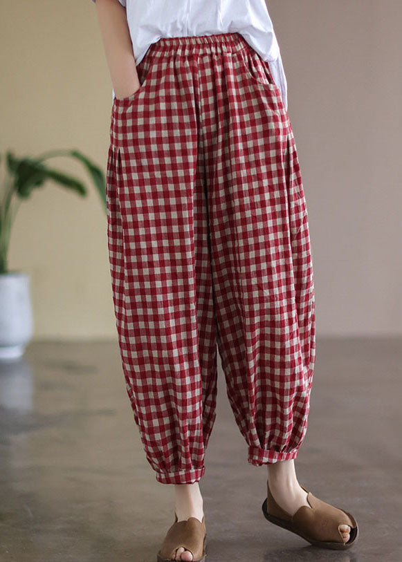 Red Plaid Pockets Elastic Waist Linen Crop Pants Summer