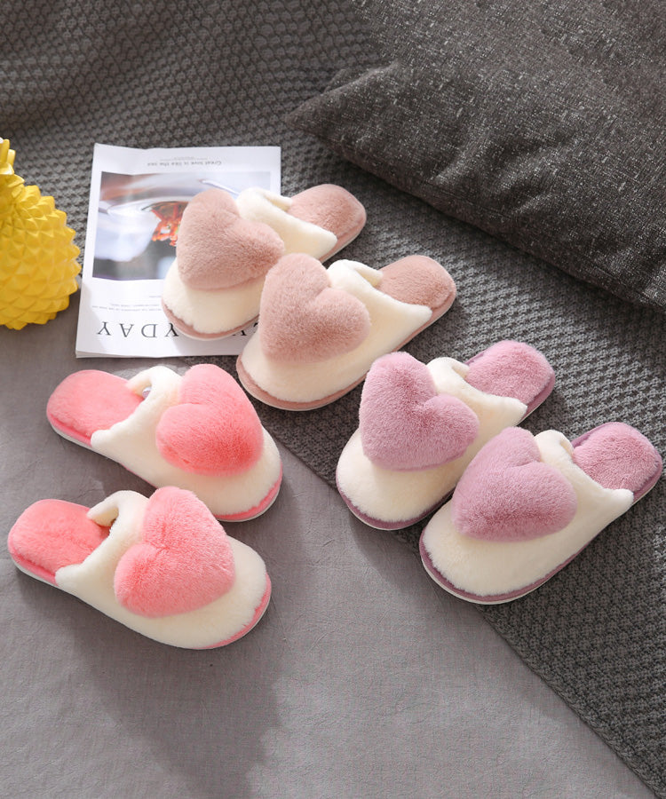 Pink Fuzzy Wool Lined Slippers Shoes Splicing Heart