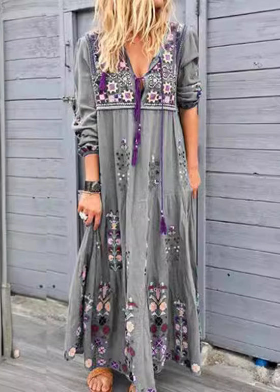 Blue V Neck Print Patchwork Cotton Long Dresses Spring