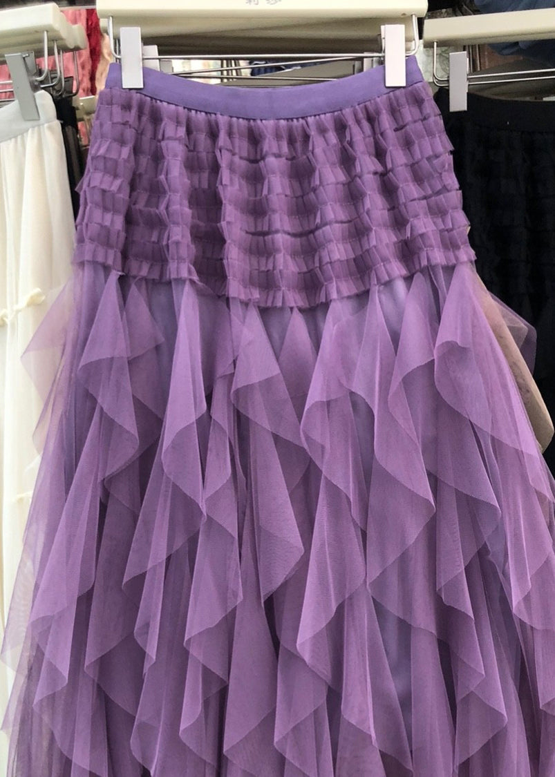 Purple Asymmetrical Patchwork Elastic Waist Tulle a Line Skirt Summer