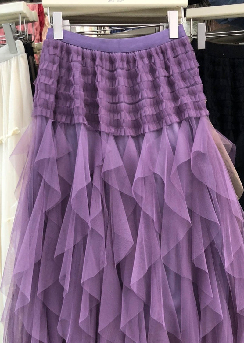 Purple Asymmetrical Patchwork Elastic Waist Tulle a Line Skirt Summer