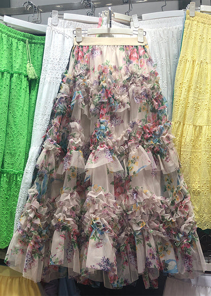 Apricot Asymmetrical Print Ruffled Tulle Cake Skirt Spring