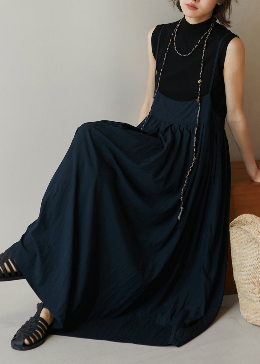 Navy Pockets Wrinkled Cotton Spaghetti Strap Dress Summer